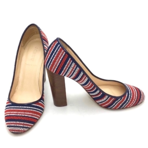 J.CREW Etta Tweed Woven Stripe Round Toe Block Heel Pumps in Blue with Red - Picture 2 of 9